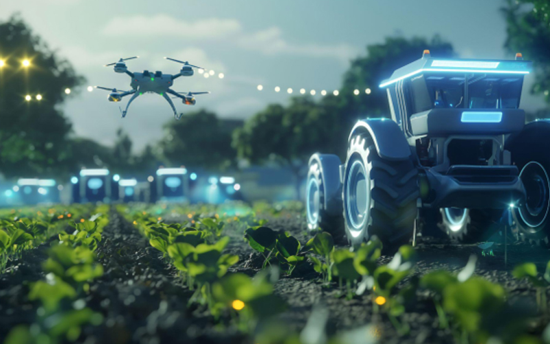 ภาพที่ AI สร้างขึ้นของฟาร์มสมัยใหม่ที่ใช้เทคโนโลยี IoT และ AI พร้อมด้วยโดรนและเครื่องจักรอัตโนมัติ