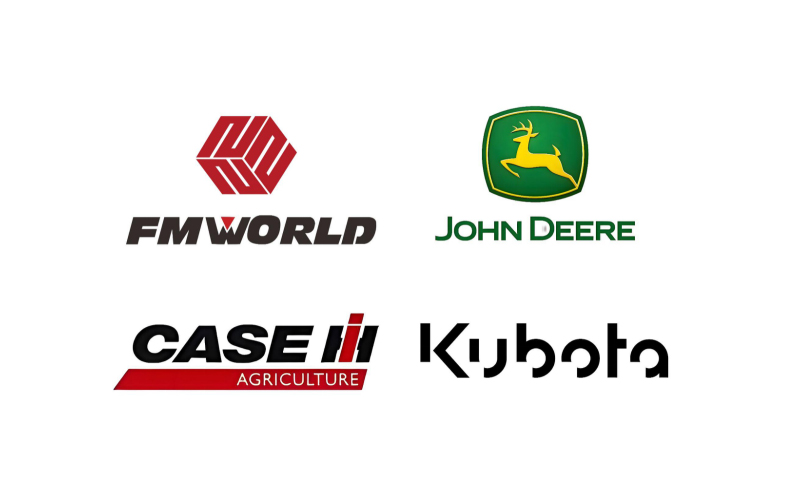  คอลเลกชันโลโก้ผู้ผลิตเครื่องจักรกลการเกษตร ได้แก่ FMWorld, John Deere, Case IH และ Kubota